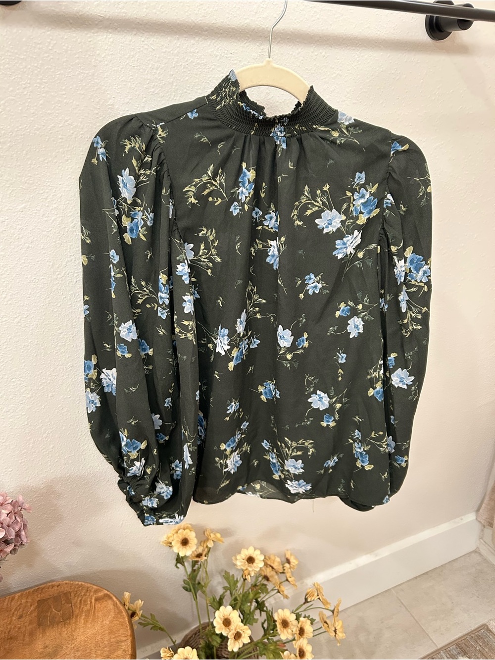 CeCe Olive Green Floral Smocked Neck Blouse